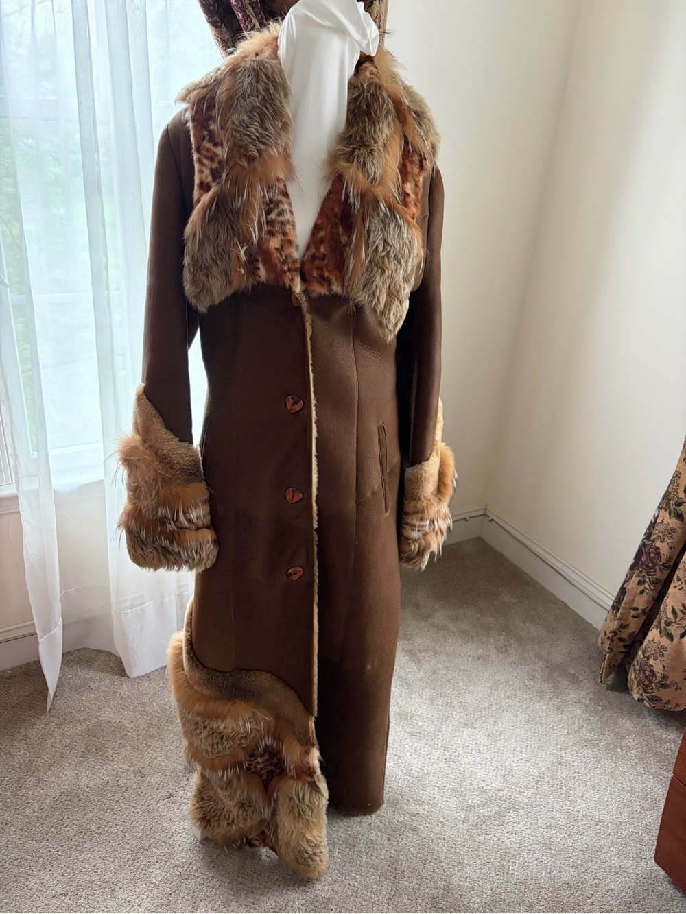 Brown Fur-Trimmed Long Trench Coat